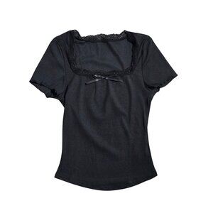 NWOT | Square Neck Ribbed Top | Lace Trim & Bow Detail | Onyx Black | XS